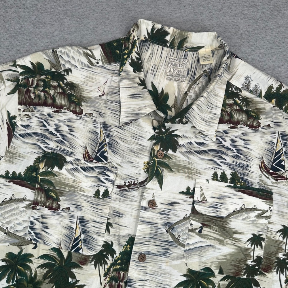 VTG Roundtree & Yorke Hawaiian Shirt Mens 2XL Tropical Island Sailboat Rayon AOP